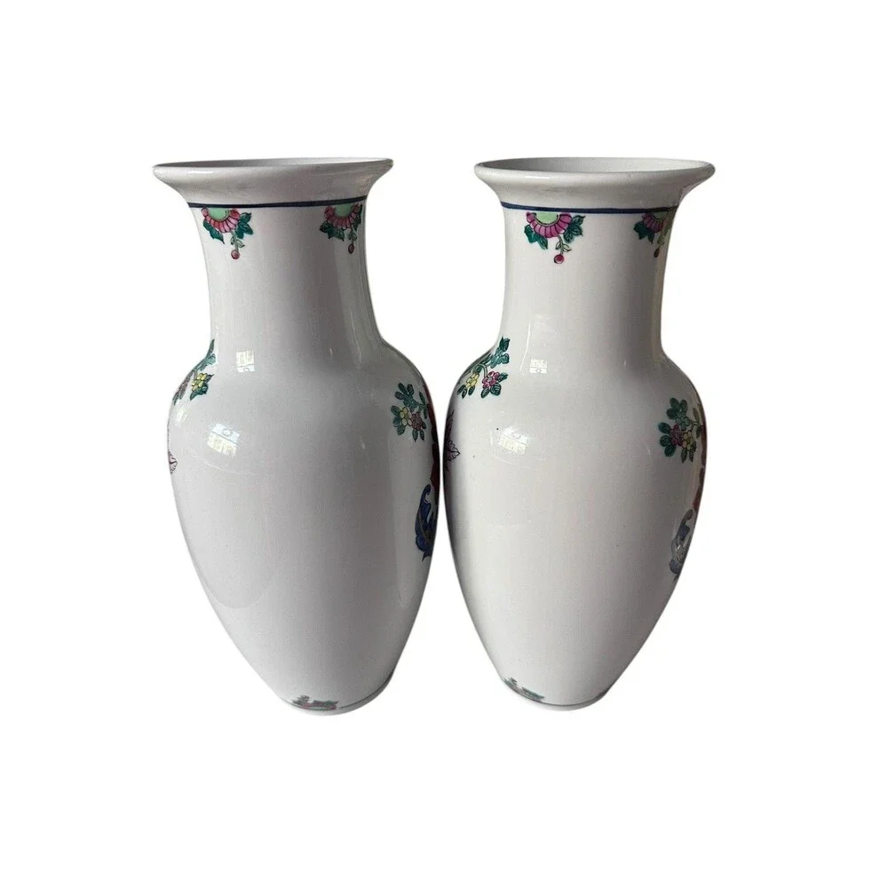 Pair of Vintage Large Tobacco Leaf Chinoiserie Vases 10” Bombay Company
